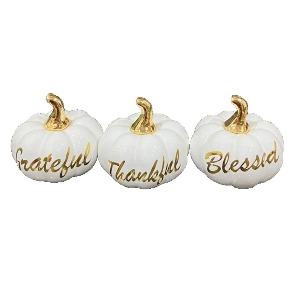 Fall Pumpkins Set of 3 White Ceramic with Gold Script Blessed Grateful Thankful